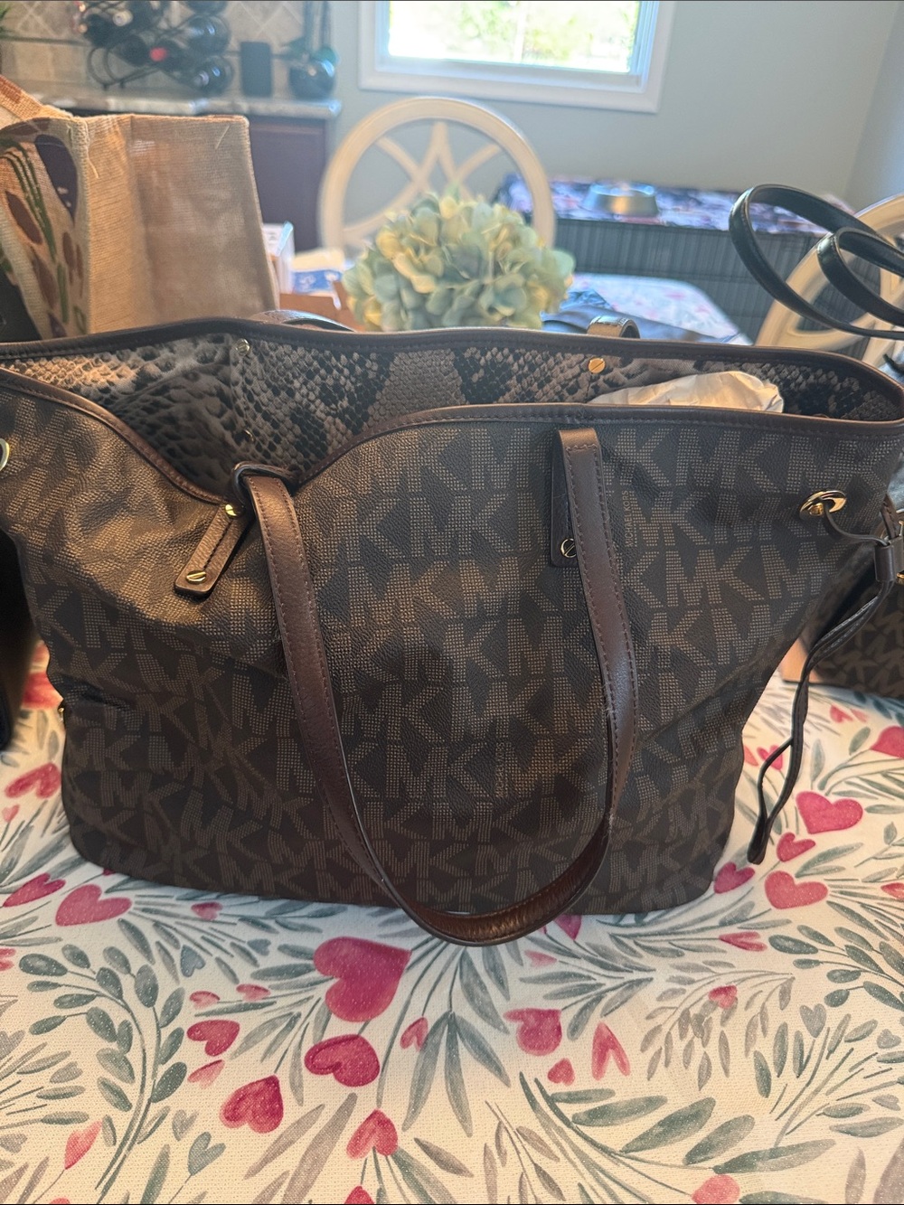 Michael Kors Brown MK Logo Tote with Dark Leather Trim 17x10